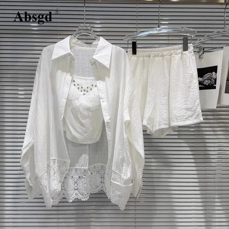 

Absgd 2025 Summer Long Sleeve Lace Loose Shirt Embroidered Beadings Crop Top Shorts Three Piece Set Women Outfits