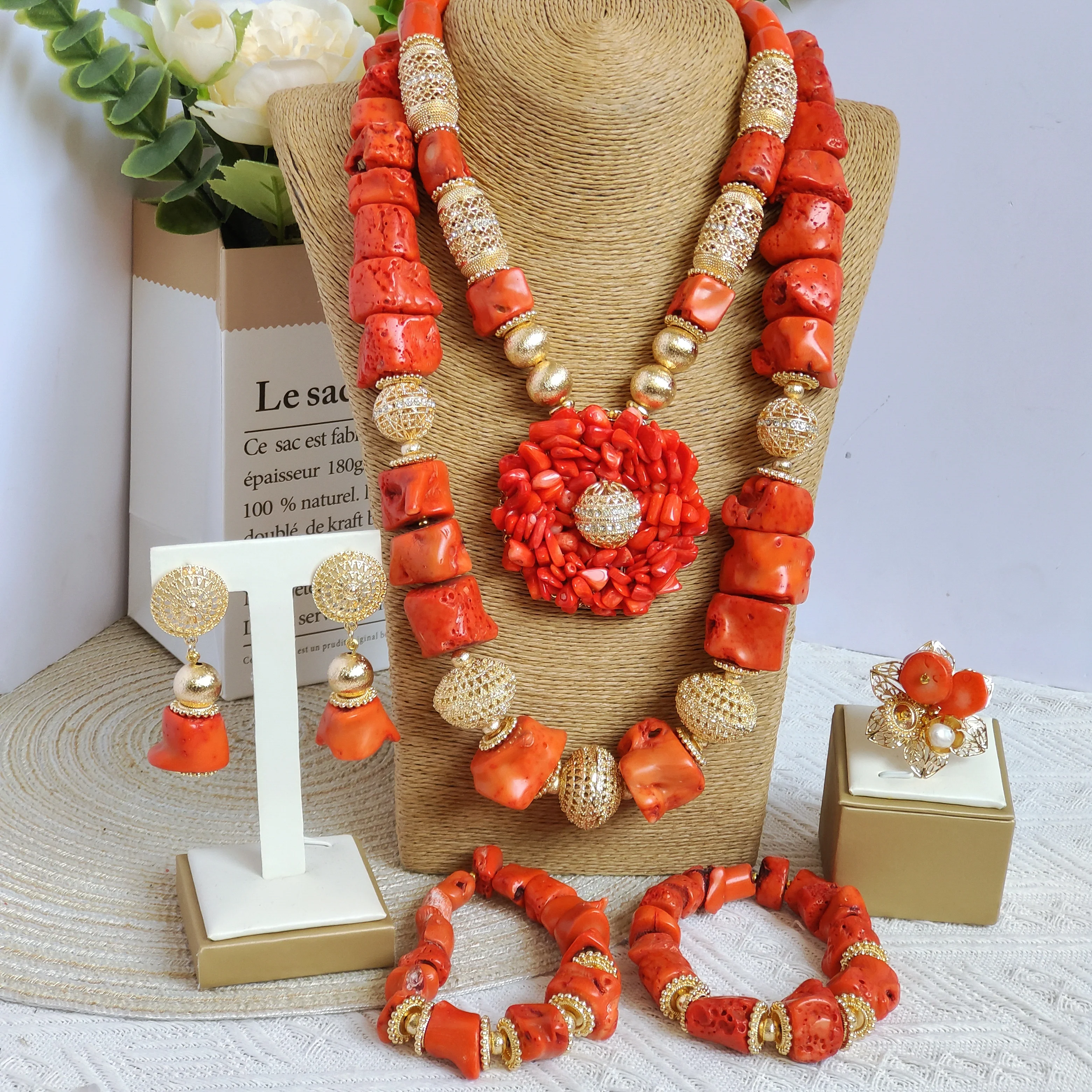

natural original nigerian coral bead jewelry set wedding