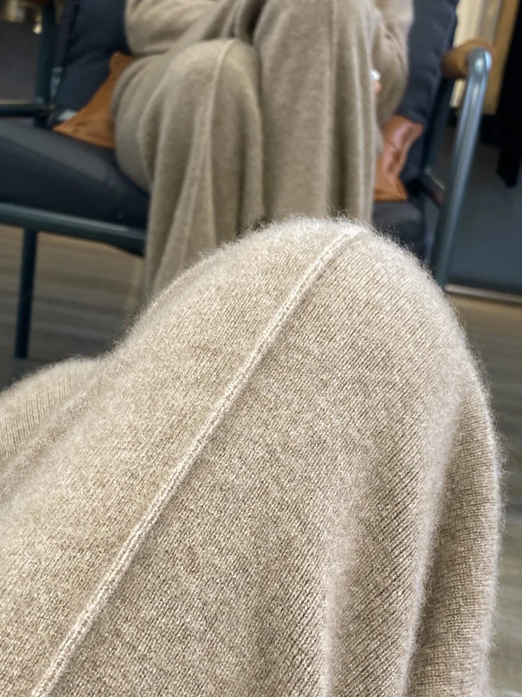 Autumn Winter Warm Soft Casual Solid Women's Wide-Leg Pants Elegant Elastic Waistband 100% Merino Wool Knitted Bottoms