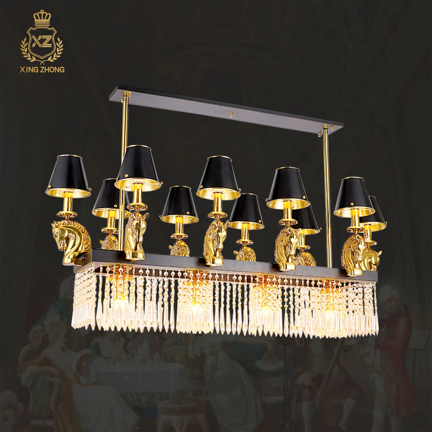 European Mid Century Black Fabric Decor Dining Room Hall Long Strip Crystal Chandelier Banquet Hall Hotel Copper Pendant Lamp