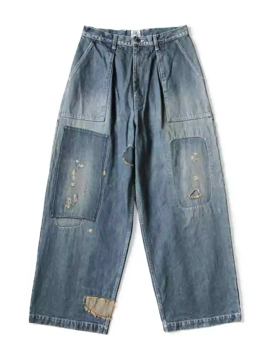 Japan Style Kapital Washed Distressed Patchwork Pants for Men and Women New Arrival Fashion Jeans