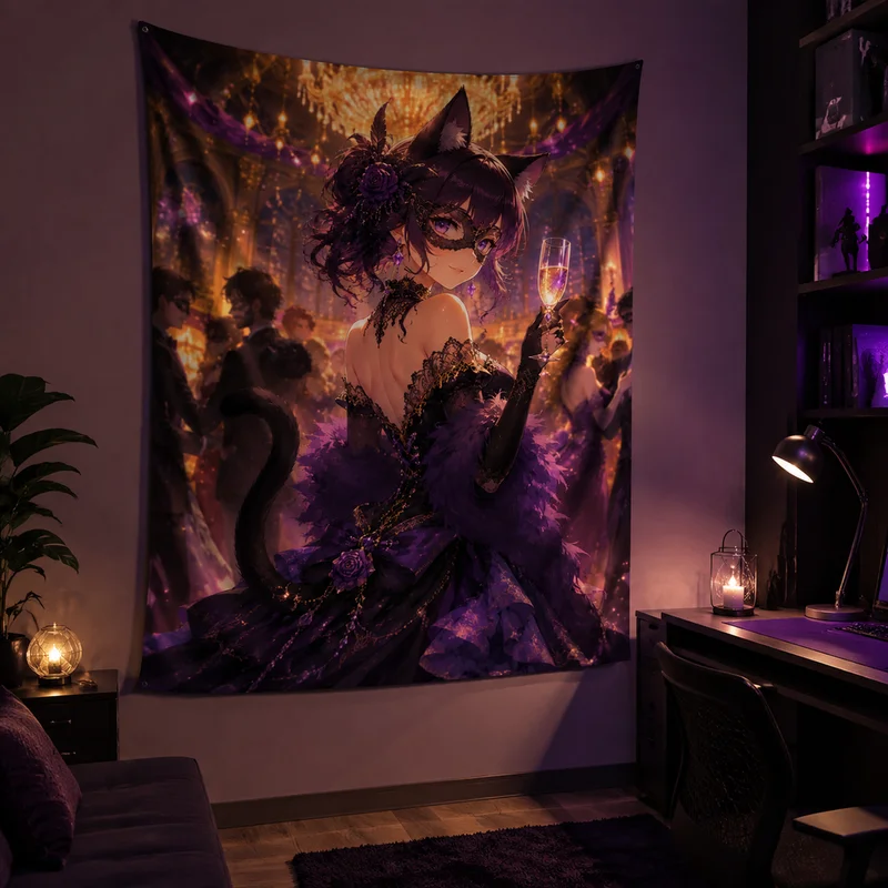Vikama Gothic Anime Tapestry Dark Aesthetic Vikama Gothic Masked Cat-Eared Girl Wall Hanging Masked Cat Girl Print Wall