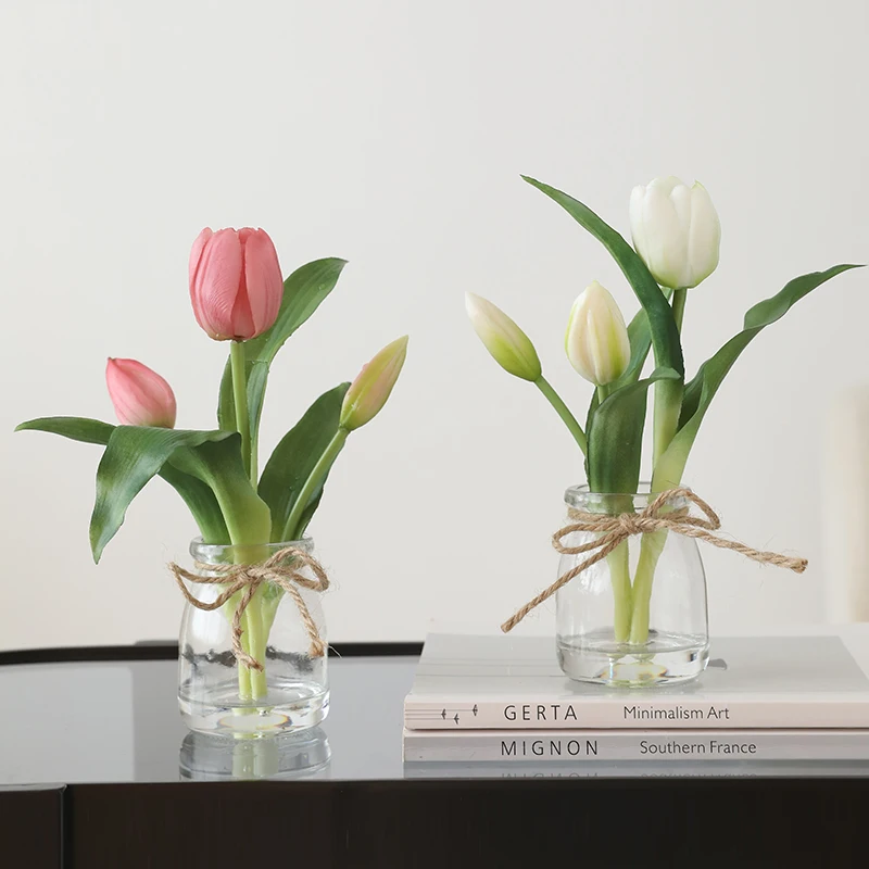 

Artificial Flowers in Glass Vase with Faux Water, Pink Tulips Real Touch Flowers with Vase Centerpiece Table Decorations