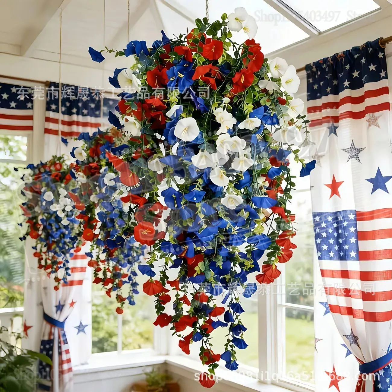 

Patriotic Hanging Flower Basket Red White Blue Artificial Petunias for 4th of July Decor,Anniversary Porch Decor