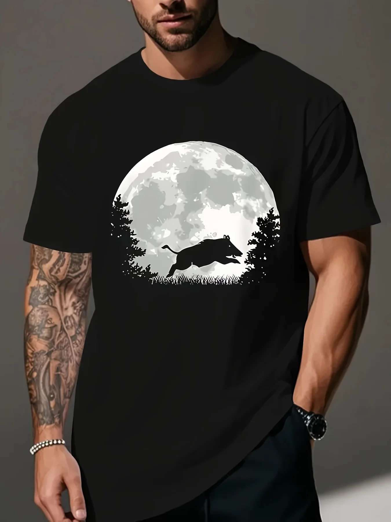 Men's Wilderness T-Shirt - Wild Boar & Moon Forest Graphic Tee, Breathable Regular Fit Big & Tall Sizes Available, Machine Washable Outdoor Camping Shirt for Hunting & Casual Attire - Black Casual Tee, Camping Gear, Adventure Clothing, Natureinspired