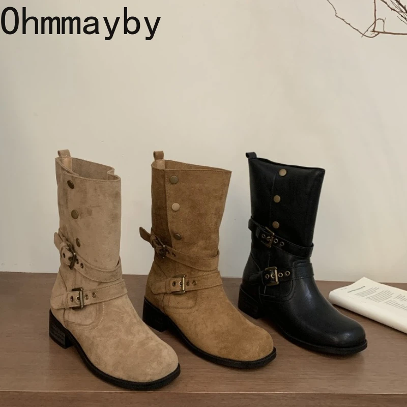 

Женские ботильоны в уличном стиле с пряжкой на ремне в стиле вестерн, туфли на толстом каблуке, женские винтажные короткие ботильоны без шнуровки, Zapatos De Muje