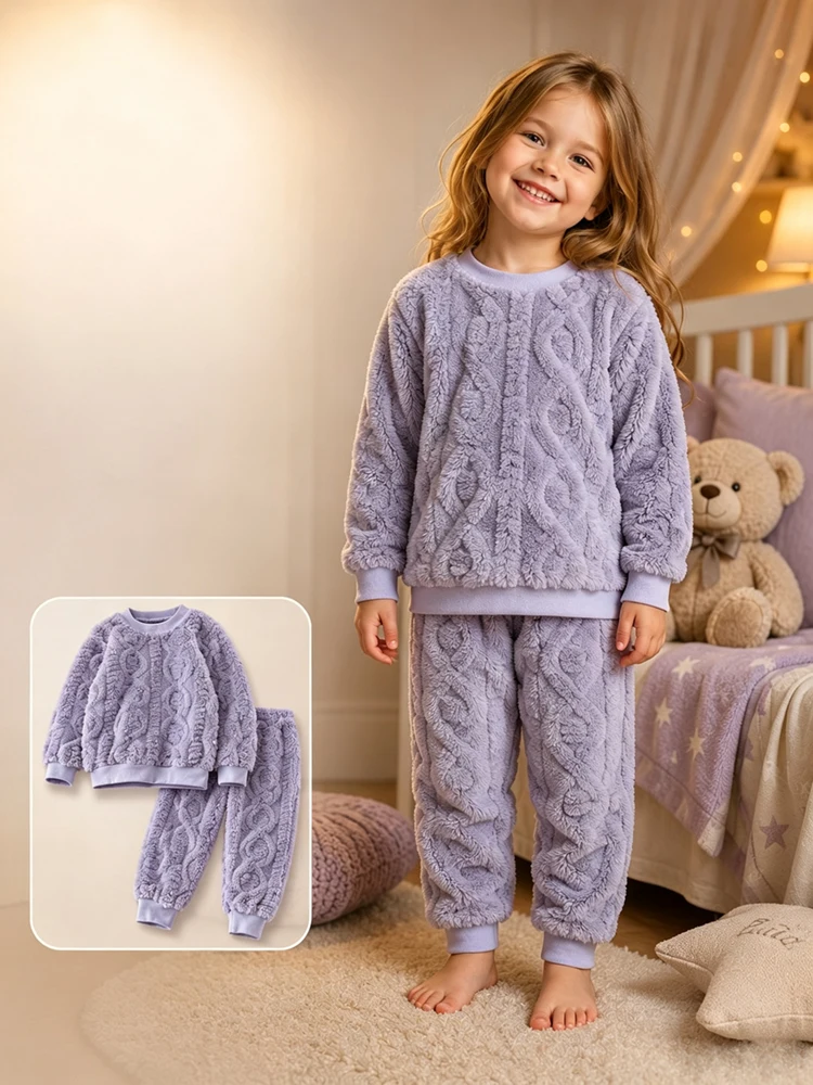 Herbst-Winter Kinder Thermo-Pyjama-Set aus Korallenfleece, Jacquard, warme Loungewear für Jungen und Mädchen, weiche, bequeme, verdickte Schlafkleidung – Detail 4