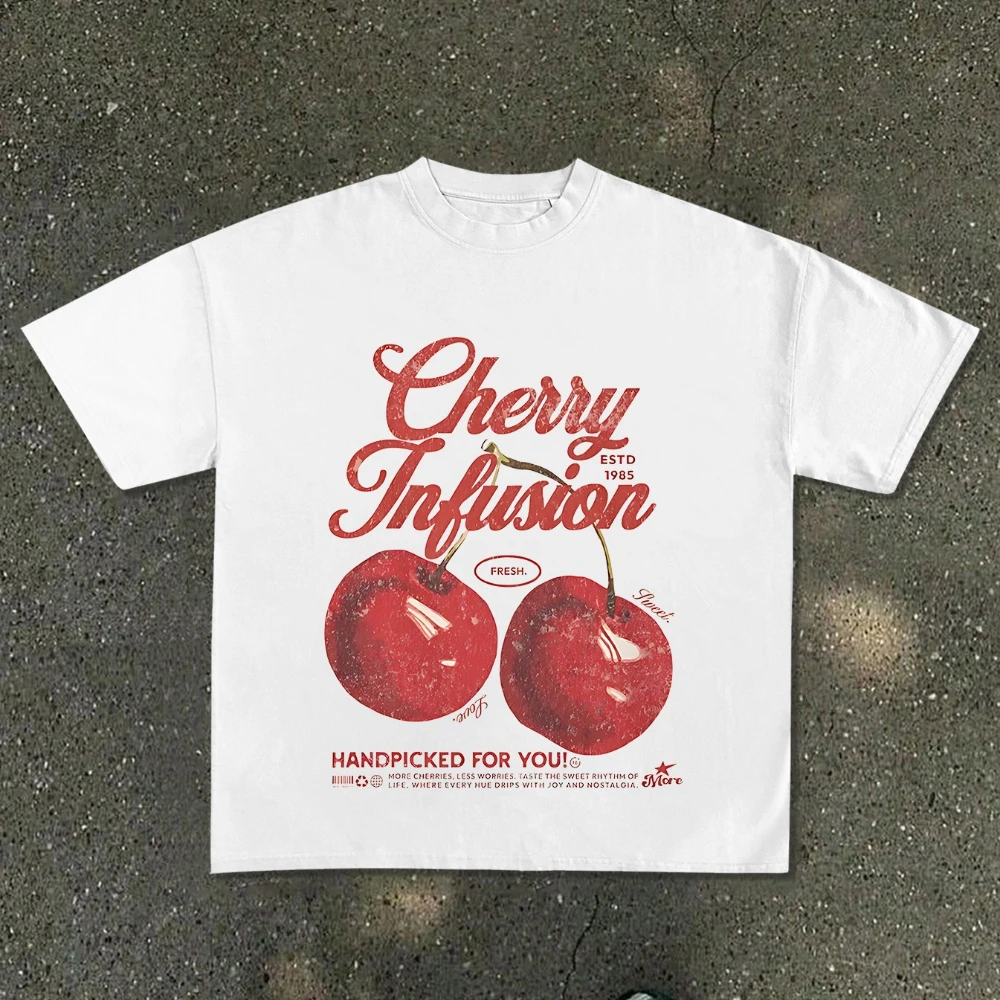 Vintage Punk Hip Hop Y2K Harajuku Retro Graphic Gothic Cherry Infusion T Shirt for Men Popular Women Four Seasons Streetwear