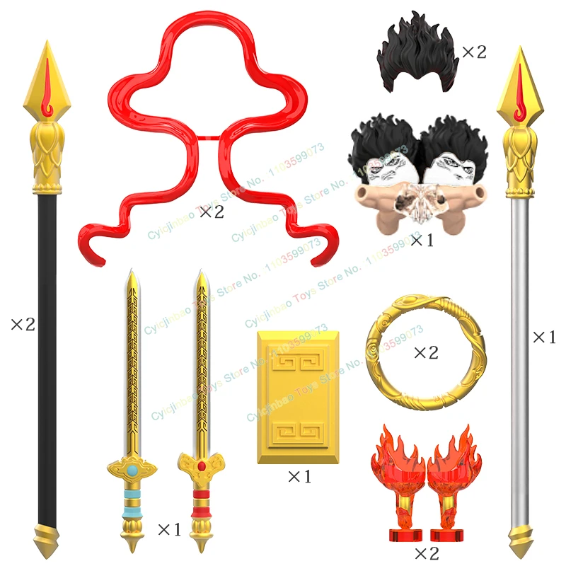

P8009+P8010 Myths legends Nezha Three Heads Six Arms Action Figures Flame Gun Hot Wheel Weapons Accessories Puzzle Toys Gifts