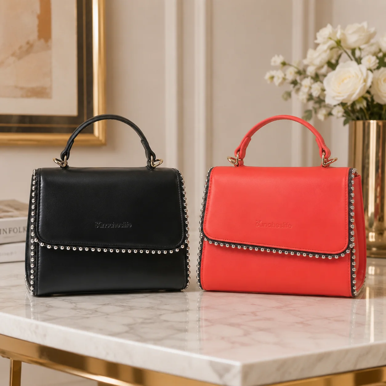 Women PU Leather Pearl Trim Flap Handbag Small Square Bag Top Handle Crossbody Shoulder Bag Elegant Purse for Work Party Daily