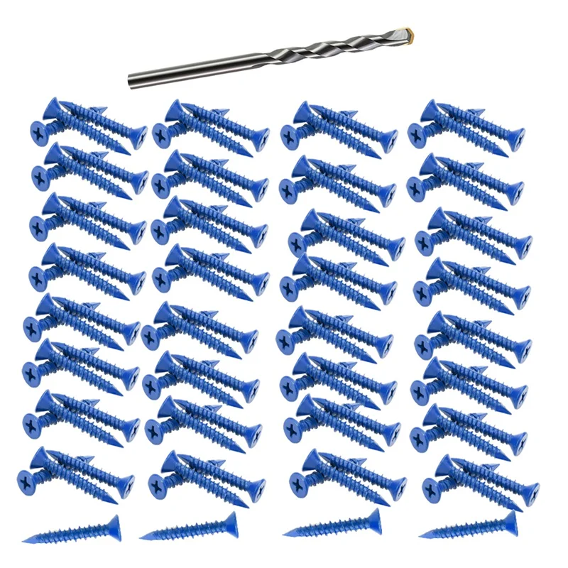 AB45 100 Uds 3/16 pulgadas X1-1/4 anclaje de tornillo de hormigón cabezas planas azules para anclaje a mampostería, bloque o ladrillo Stucco