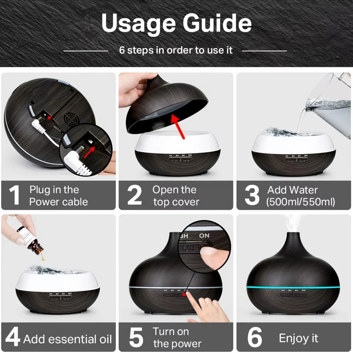 Diffusor für Zuhause, 18,6 Unzen, Aromatherapie-Diffusor für ätherische Öle, Holzmaserung, Fernbedienung, Ultraschall-Luftbefeuchter, coole 7-Farben-LE