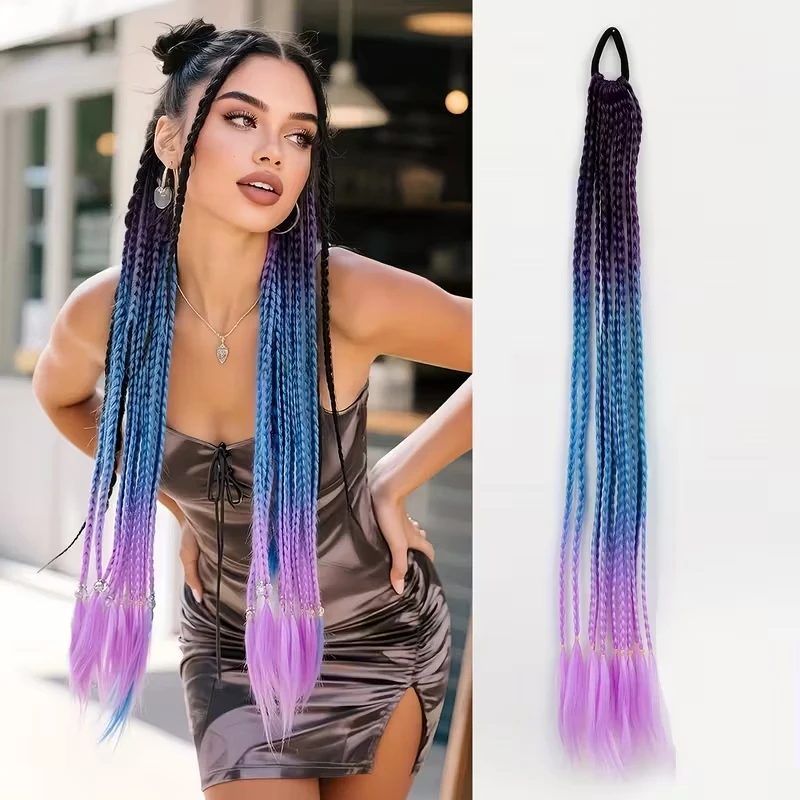 

24Inch Synthetic Y2K Style Straight Hair Extension Wig With Braids Rainbow Elastic Bands for Cosplay Women