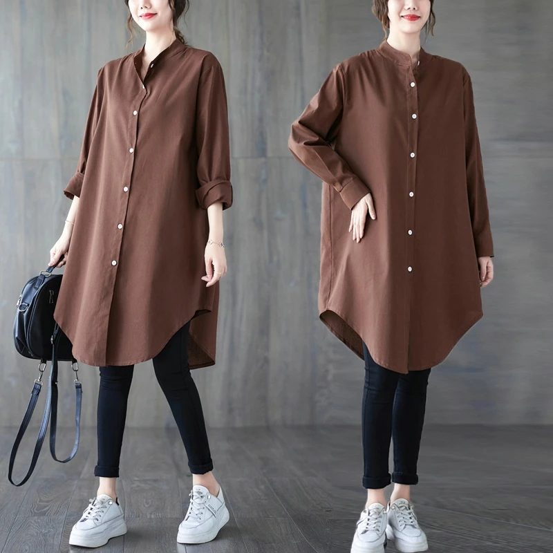

SuperAen Loose Oversize Cotton and Linen Shirt Stand Collar Autumn New Simple Solid Color Long-sleeve Asymmetrical Shirt