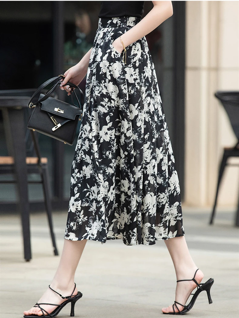 صيف جديد 2026 تنانير شيفون بناتي متوسطة الطول بخصر مطاطي عتيق مطبوعة على شكل حرف a خفيفة الوزن ومزاجية أنيقة #5