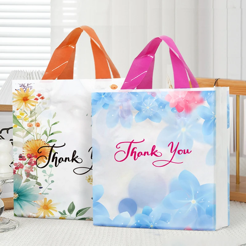 50Pcs/lot Flower Thank You Plastic Bags with Handles Shopping Packaging Bags For Small Businesses Clothes Wigs Gift Bags