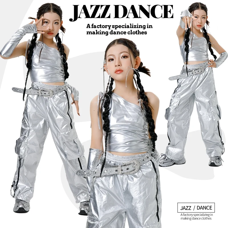 

2025 Ballroom Hip Hop Dance Performance Costumes For Girls Sliver Kpop Outfits Streetwear Children Jazz Stage Clothes XH3416