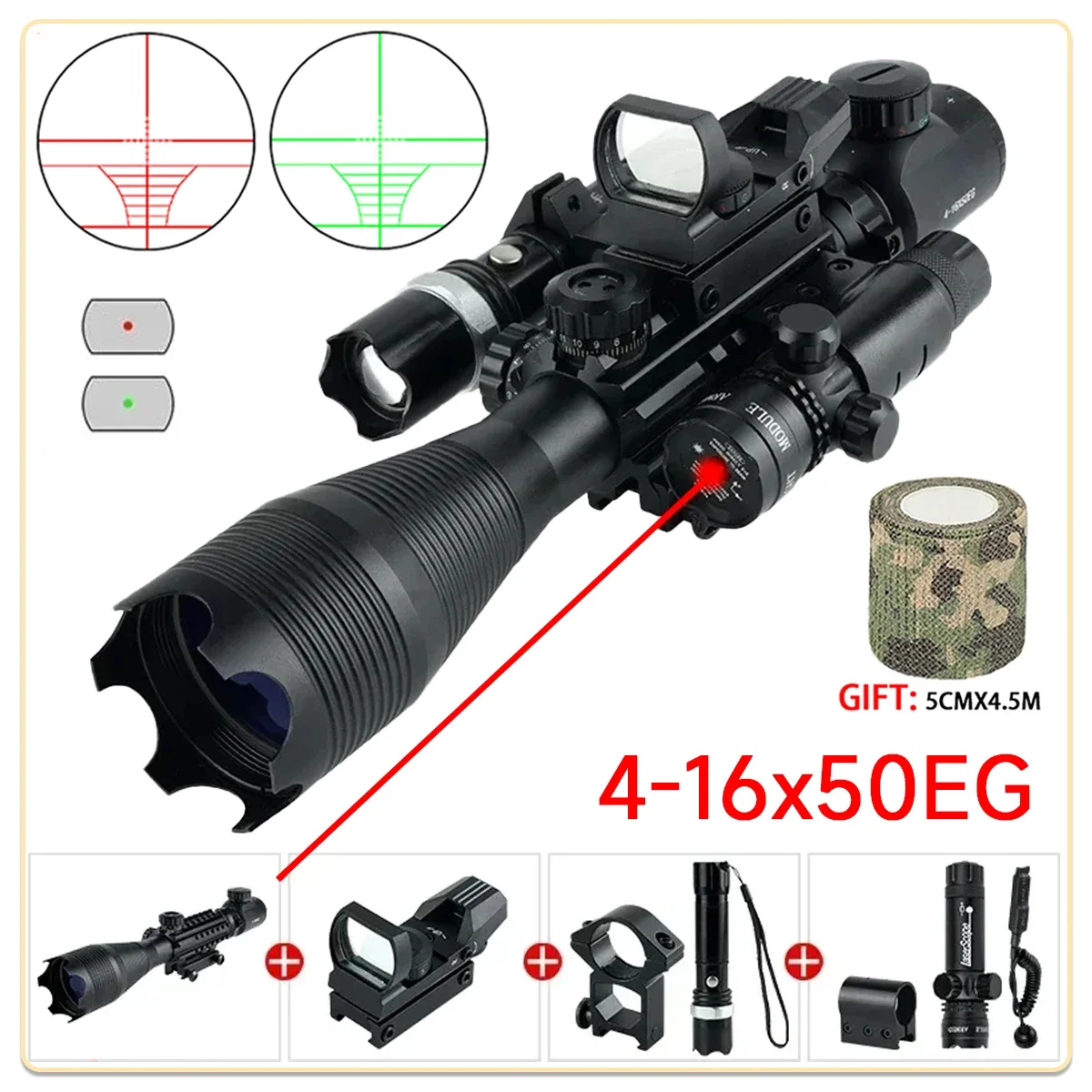 Tactical 4-16X50EG Long Range Shooting Rifle Scope Optic Sight Red Green Laser Flashlight Red Dot Combo Hunting Riflescope