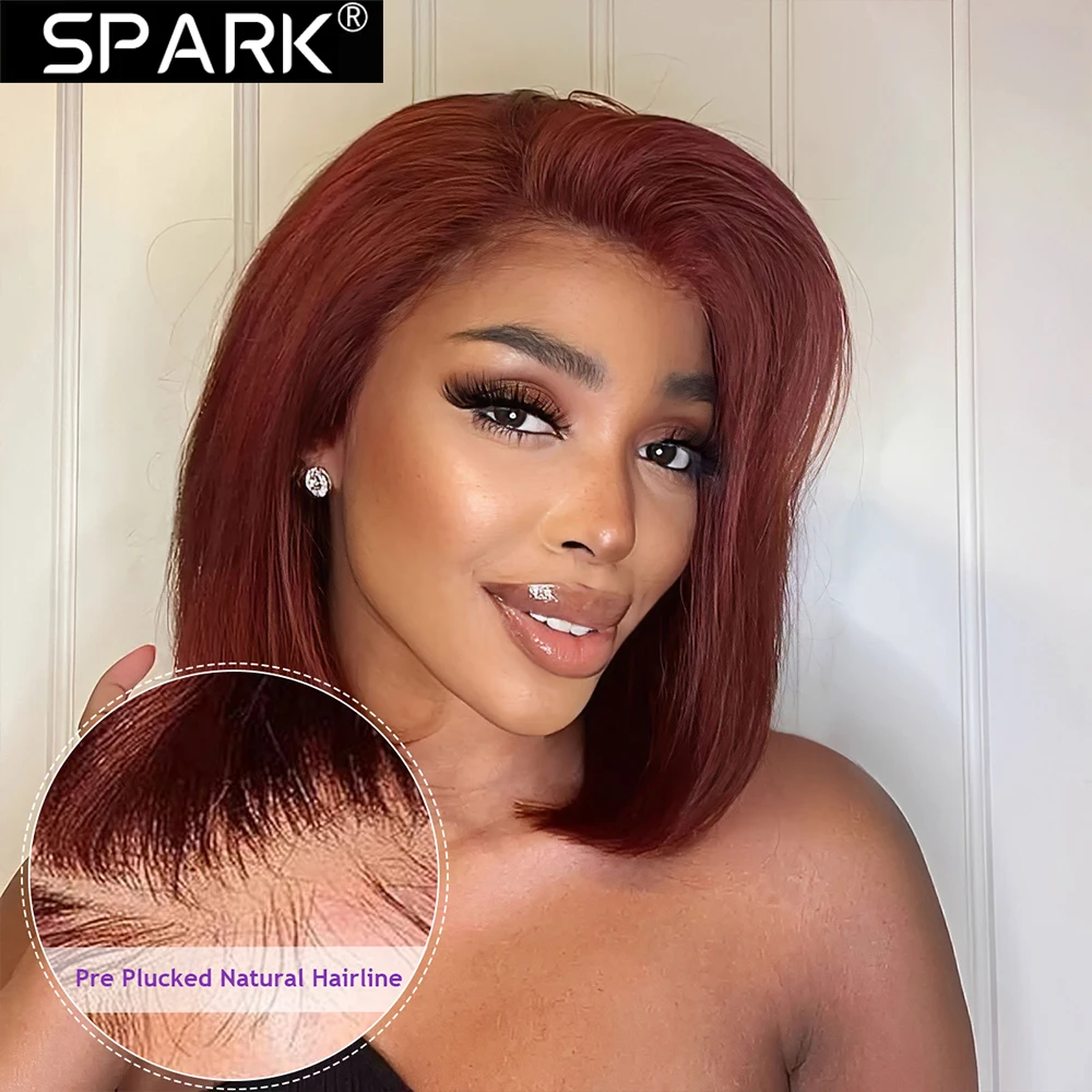 

SPARK Reddish Brown Bob Wig Human Hair Short Straight Lace Front Wigs 180% Density for Women Halloween Party Wigs