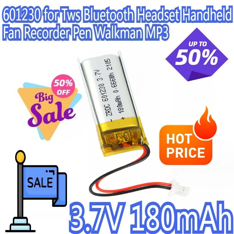 

3.7V 601230 180mAh Lipo Battery Polymer Li Ion Batteries for Tws Bluetooth Headset Handheld Fan Recorder Pen Walkman MP3
