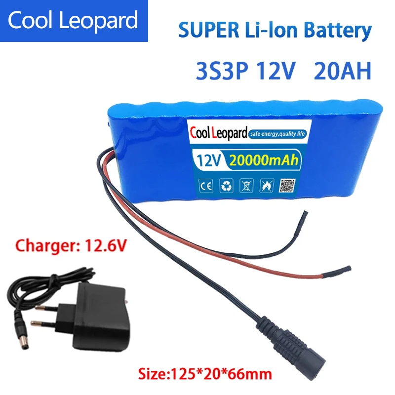 

Portable 12V 20Ah Super Large Capacity Rechargeable Battery Pack 3S3P 18650 Li-ion With BMS CCTV Camera Monitor 12.6V Charger