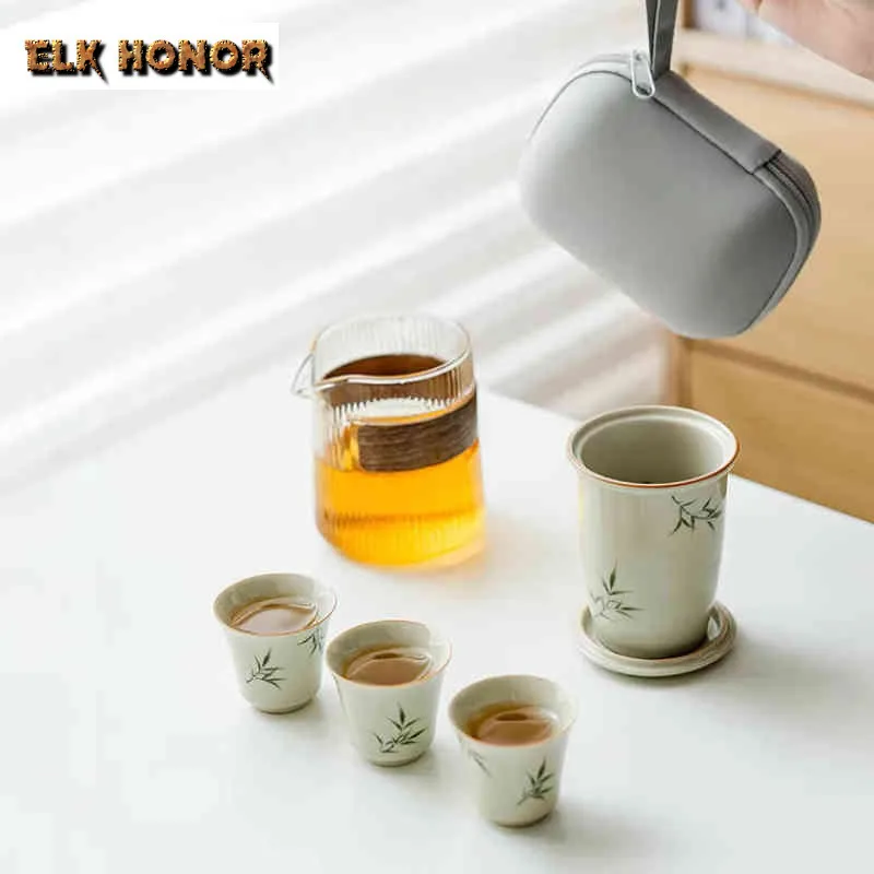 

Plant Ash Hand Painted Bamboo Travel Tea Set Kit Handmade 1 Pot 3 Cups Tea Brewing Organizer Portable Outdoor Tote Bag Craft