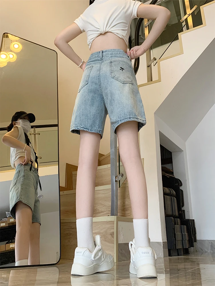 

Женские летние облегающие прямые джинсовые брюки с высокой талией и вышивкой, широкие брюки трапециевидной формы