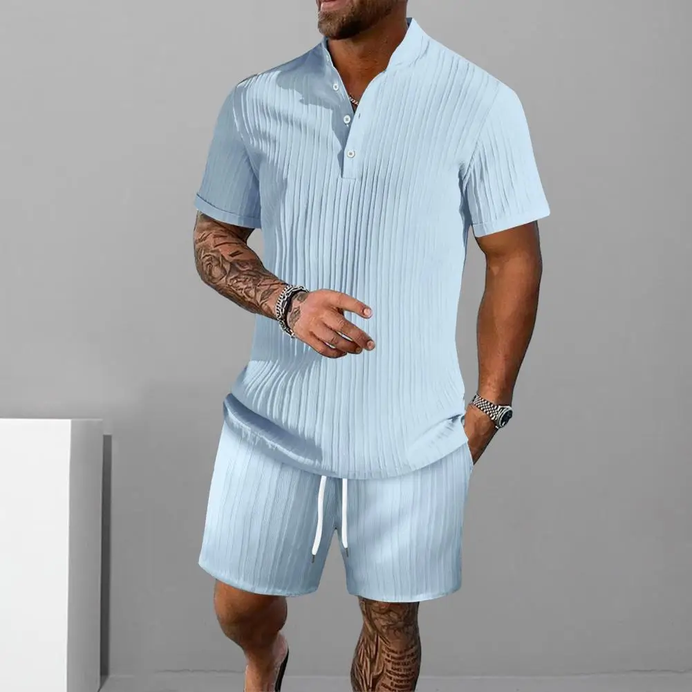 Regular Fit Men Suits Men's Summer Sports Suit Set with Stand Collar T-shirt Drawstring Waist Shorts Casual for Fitness