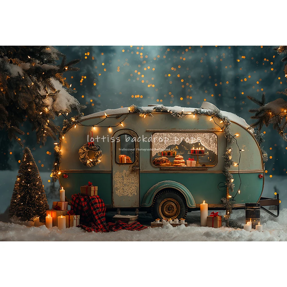 Winter Snowy Bus Backdrops Kids Child Photography Snowflake Jungle Forest Christmas Trees Backgrounds