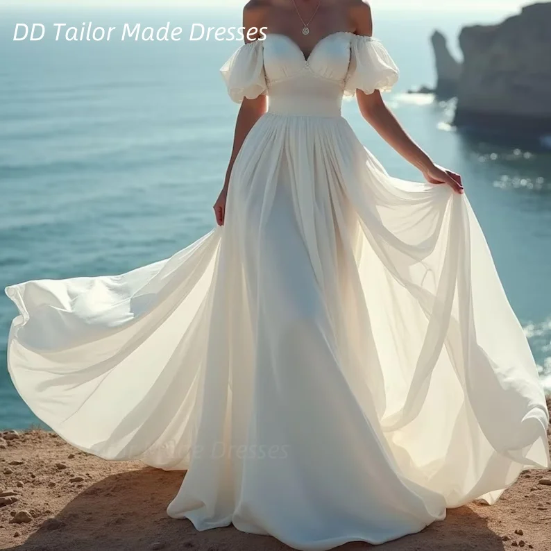فستان زفاف الشاطئ البسيط قبالة الكتف ألف خط الإمبراطورية الخصر الحبيب طويل أثواب الزفاف قطار الاجتياح حسب الطلب