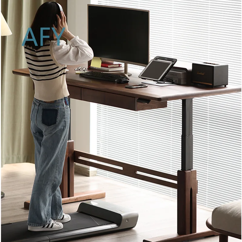 Black Walnut Solid Wood Electric Height Adjustable Desk for Home Office Study Drafting Table for Nordic Style Computer