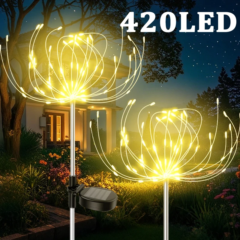 Outdoor Solar Firework Ground Socket Lights 420LED Waterproof Garden Decor Dandelion Fairy Lights for Yard Pathway Lawn Patio