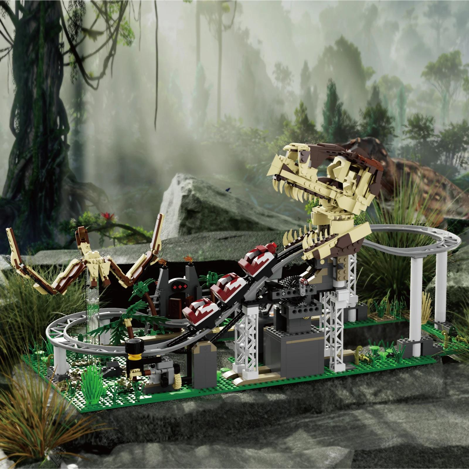 1291 pçs série dinossauro blocos de construção moc jurássico dinossauro parque montanha-russa aventura, brinquedos educativos das crianças, presentes