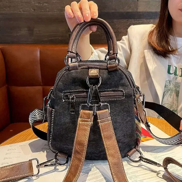 Denim Small Backpack 2023 New Contrast Color Women Bag Retro Ethnic Style Embroidered Multifunctional Bagpack Crossbody Bolsa