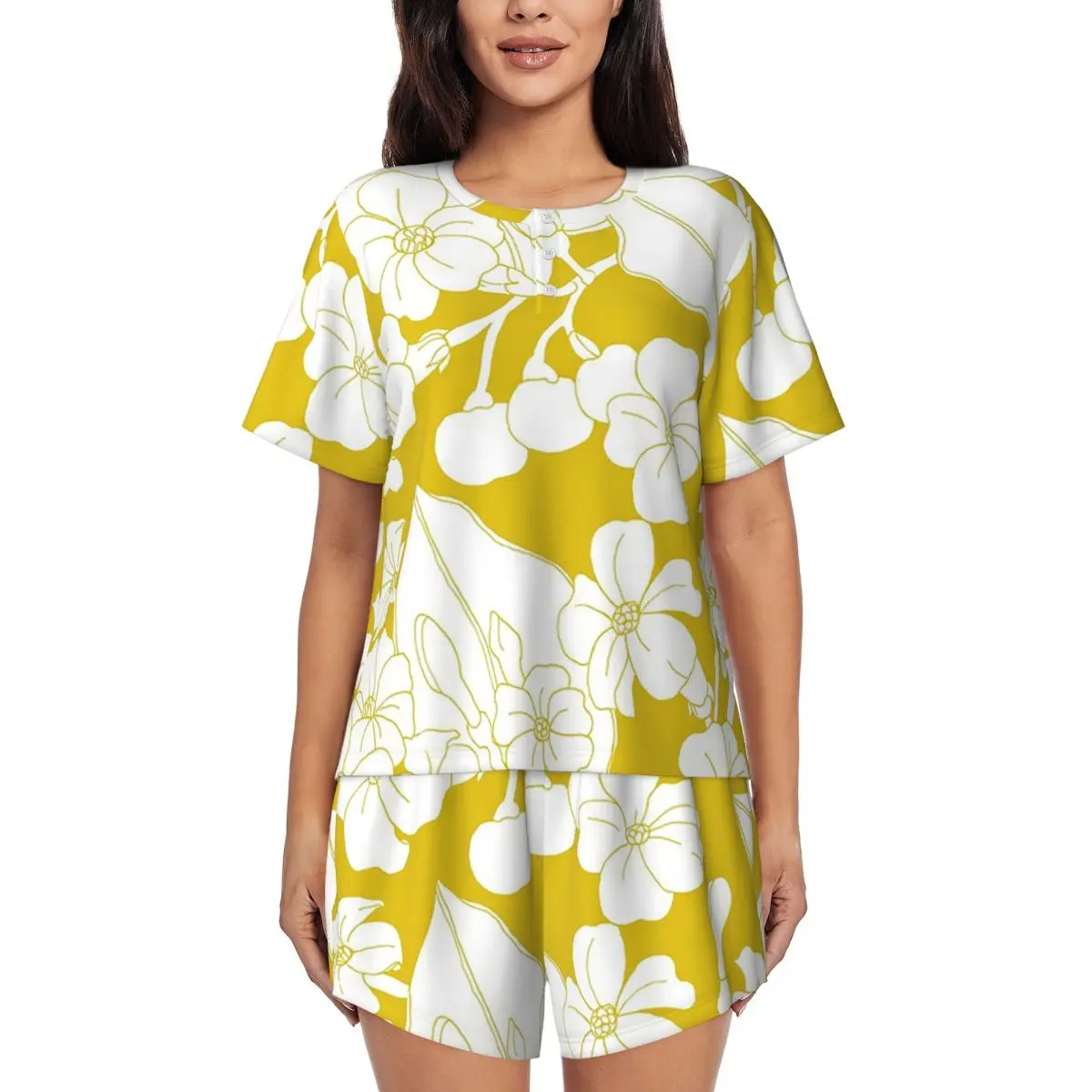 

Hawaiian PuaKenikeni Fower Round Neck Short Sleeve Nightgowns for Sleeping Sleepshirts Women Loose Pajama Set Short Pants