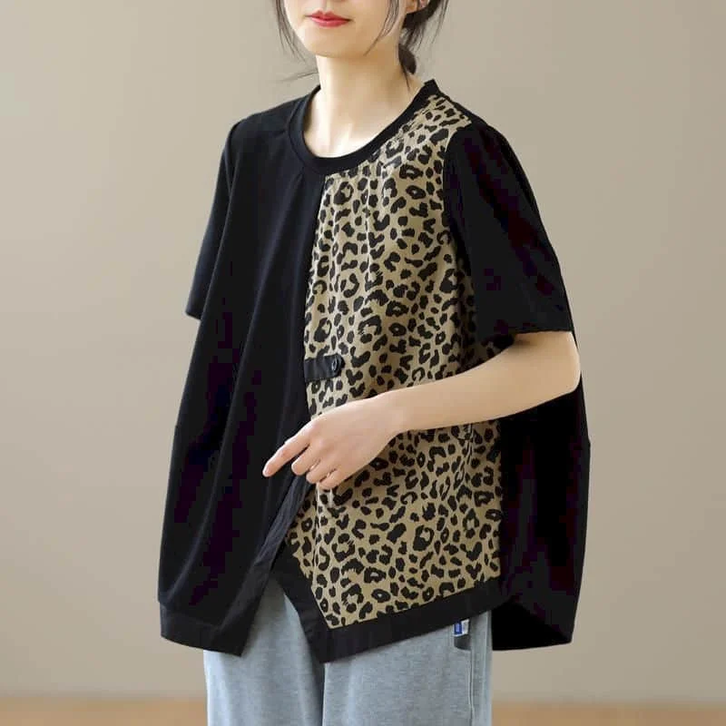 

Leopard T-shirts for Women Printed O-neck Gothic Tops Oversized Casual Korean Style Short Sleeve Large Size Aesthetic Clothes