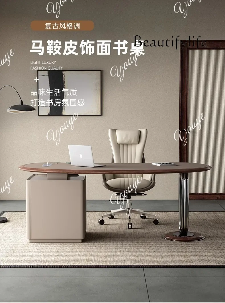 Io Office Desk With Sub-cabinet Solid Wood Computer Desk Retro Style Saddle Leather Desk Italian Home