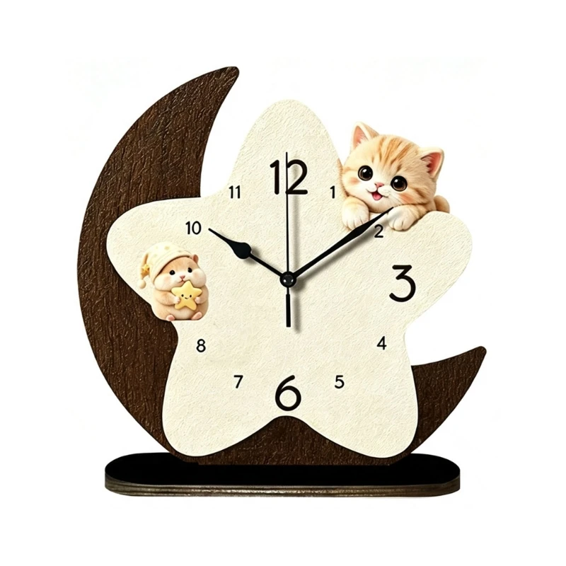 Freistehende Schreibtischuhr aus Holz mit leisem Uhrwerk, Mond und Stern, dekorative Tisch-Analoguhr für Nachttisch – Detail 1