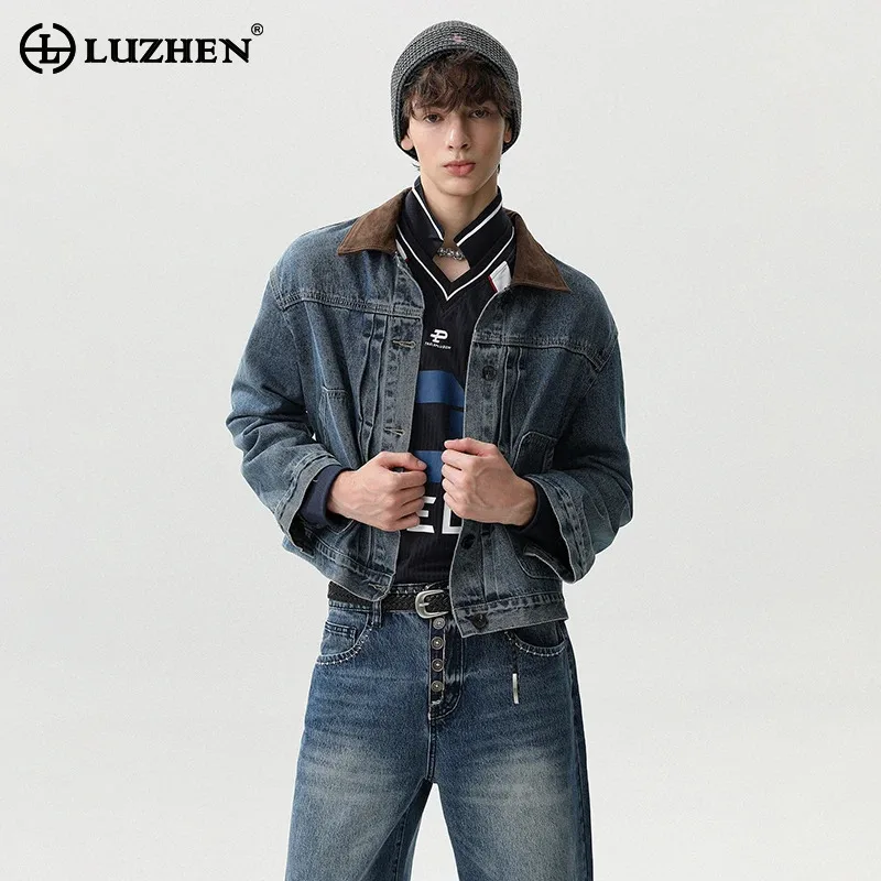 

LUZHEN Fashion Vintage Style Color Contrast Splicing Neck Denim Coat Men's 2025 Autumn Original High Quality Male Jacket JY4104