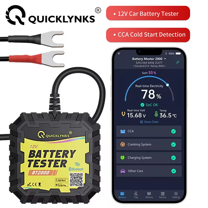 QUICKLYNKS BT2000 12V Battery Test 100-2000 CCA Bluetooth Monitor Battery Cranking&Charging Test APP For Android IOS PK BM6