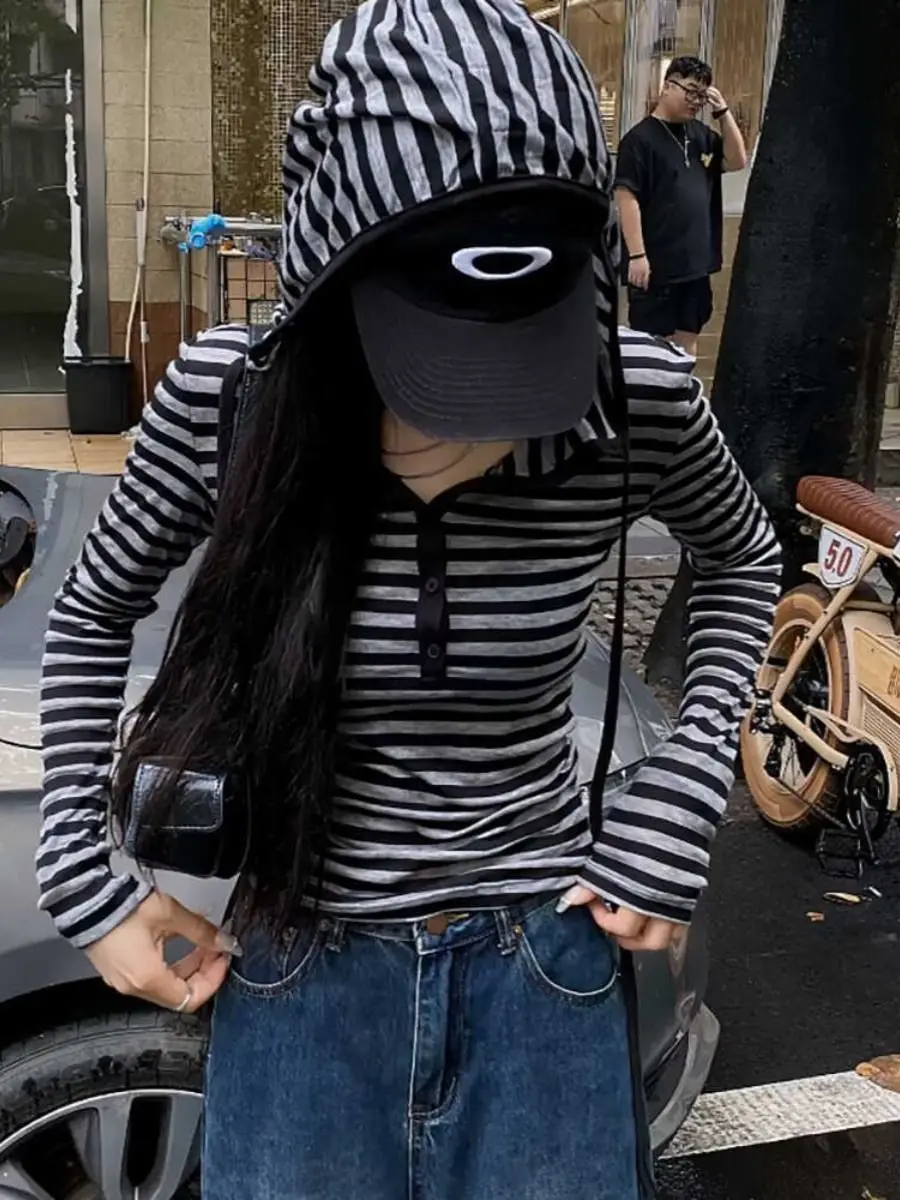 

Korean Grey Striped Long-sleeved Hooded Chic Thin Sunscreen Blouse Top Slim Fit