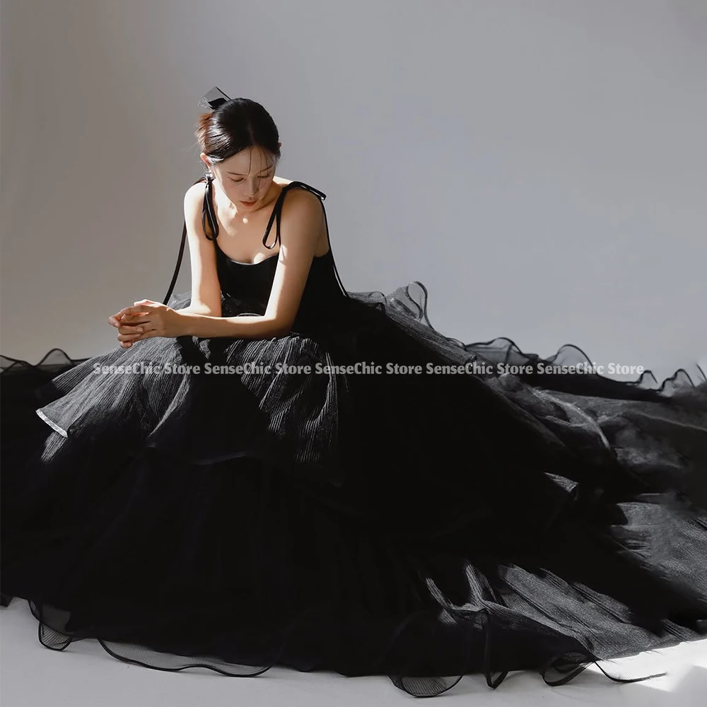 فساتين لحضور الحفلات الموسيقية للأميرة السوداء 2025 الكشكشة المتدرجة تول الكرة ثوب صورة تبادل لاطلاق النار السباغيتي الأشرطة الطبقات مشد الظهر مخصص