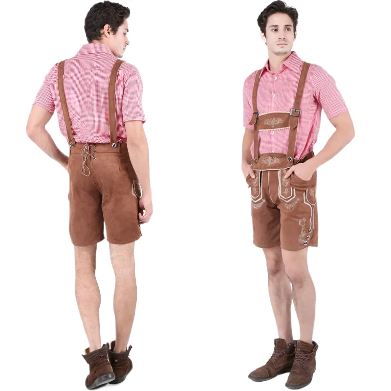 

German Oktoberfest Adult Men's Bagoria Traditional Retro Red Plaid Top and Bib Pants Set Carnival Party Stage Performance