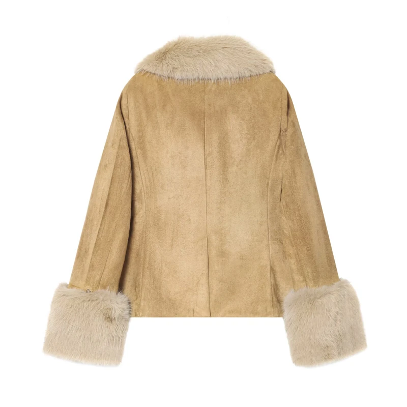 KEYANKETIAN 2025 Winter New Women's Faux Fur Decorated Suede Jacket Coat Stylish Luxury Single Breasted Slim Short Outerwear