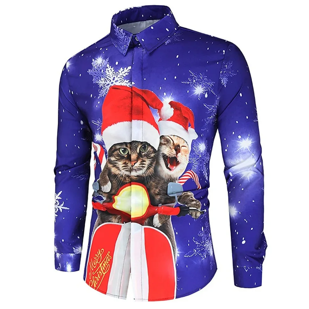 2025 3D printed Christmas design pattern men's lapel button fashionable men's long sleeved comfortable plus size shirt top