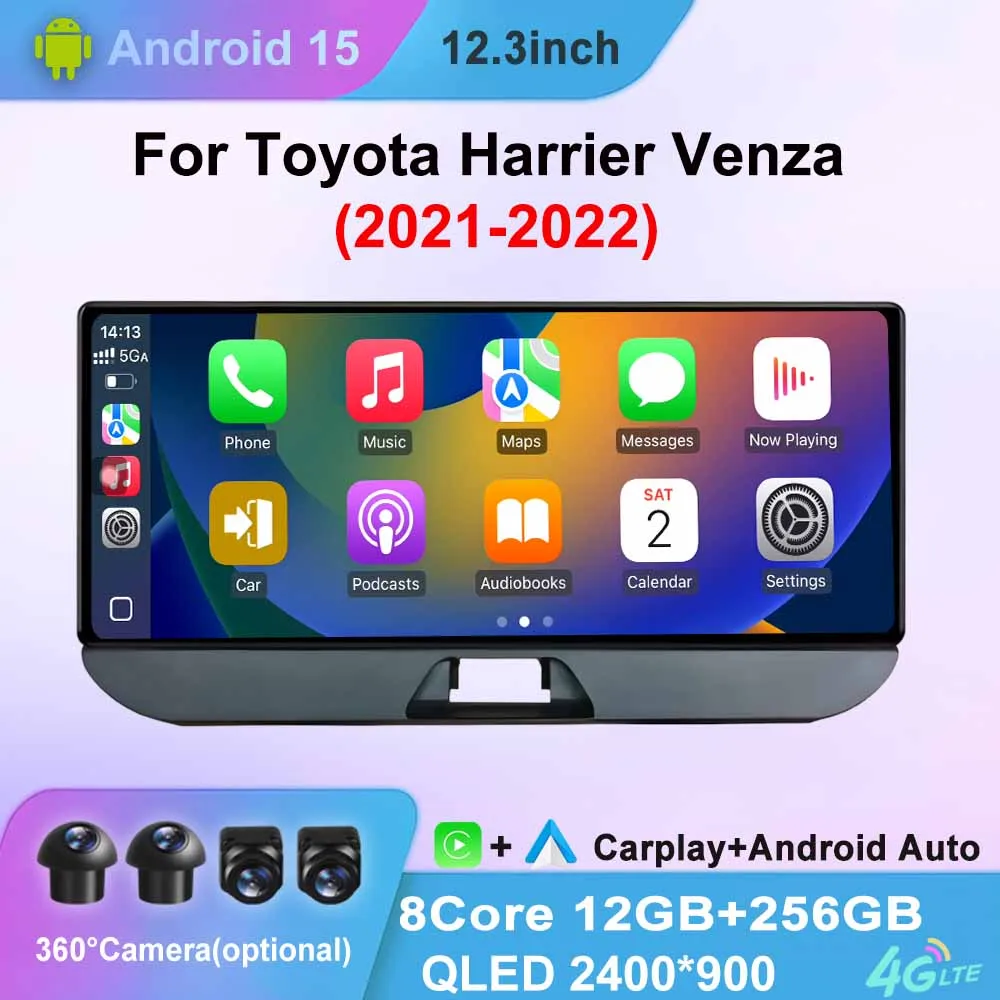 12.3inch Car Radio for Toyota Harrier Venza 2021 - 2022 Android Multimedia Player GPS Wireless Apply Carplay Auto BT WIFI Stereo