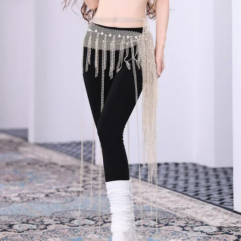 Belly Dance Triangle Mesh Diamond Hip Scarf Multi Layer Tassel Hot Drill Long Waist Chain Female Bellydance Team Practice Clothe