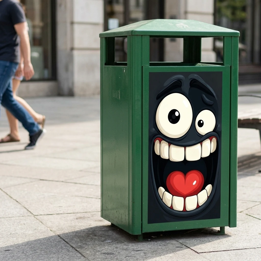 Kids Cartoon Trash Can Sticker Funny Face Decal for Playgrounds Waterproof PVC Bin Decor Large Mouth Teeth Durable UV Resistant