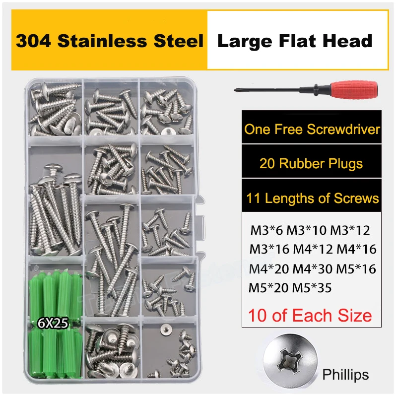 

110pcs/1 Set M3 M4 M5 304 A2 Stainless Steel Phillips Truss Cross Recessed Large Flat Mushroom Head Self-tapping Wood Screw Kit