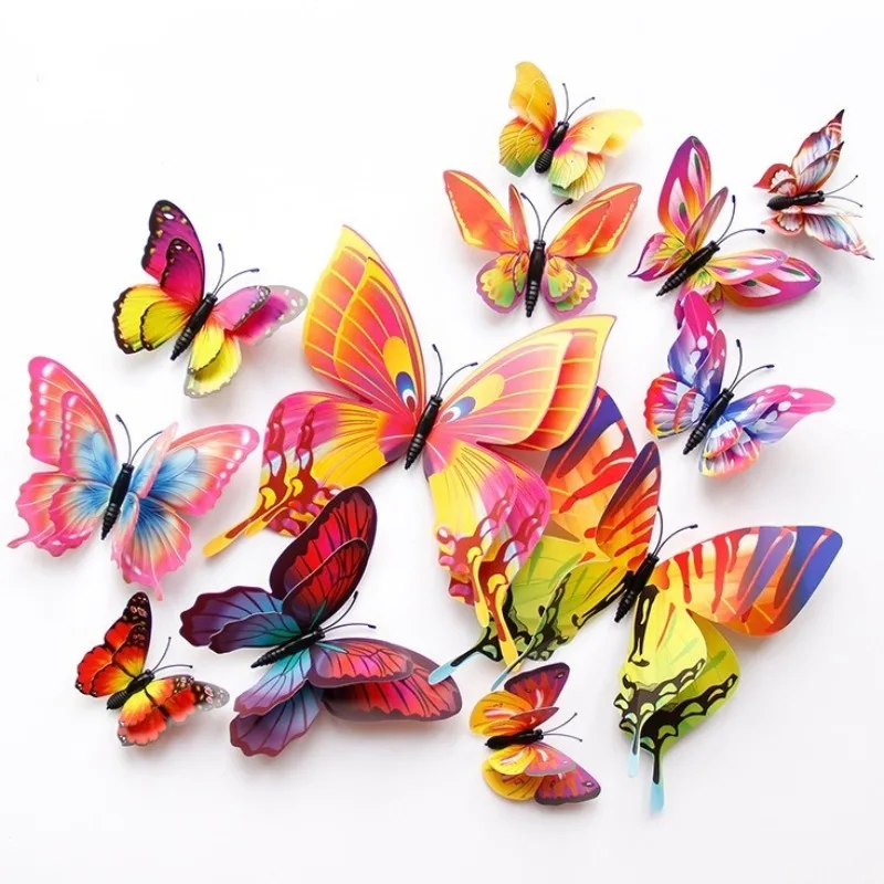 12pcs/set 3D Double-layer Butterfly Wall Stickers with Magnet PVC Butterflies Refrigerator Stickers Home Wedding Christmas Decor